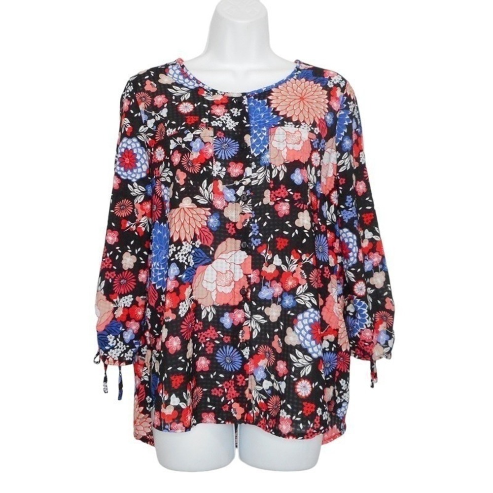 Rebecca Malone Womens Button-Up Blouse Small Black Multi 3/4 Sleeve Floral Print